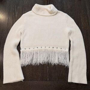 Lulu’s Ivory Cropped Turtleneck Sweater w/ Fringe Hem & Stud Detail | Size Small
